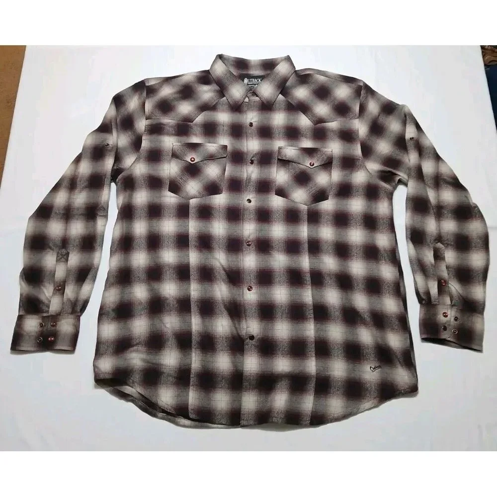 Outback Trading Company Mens XXL Western‎ PearlSnap Burgundy Long Sleeve Flannel